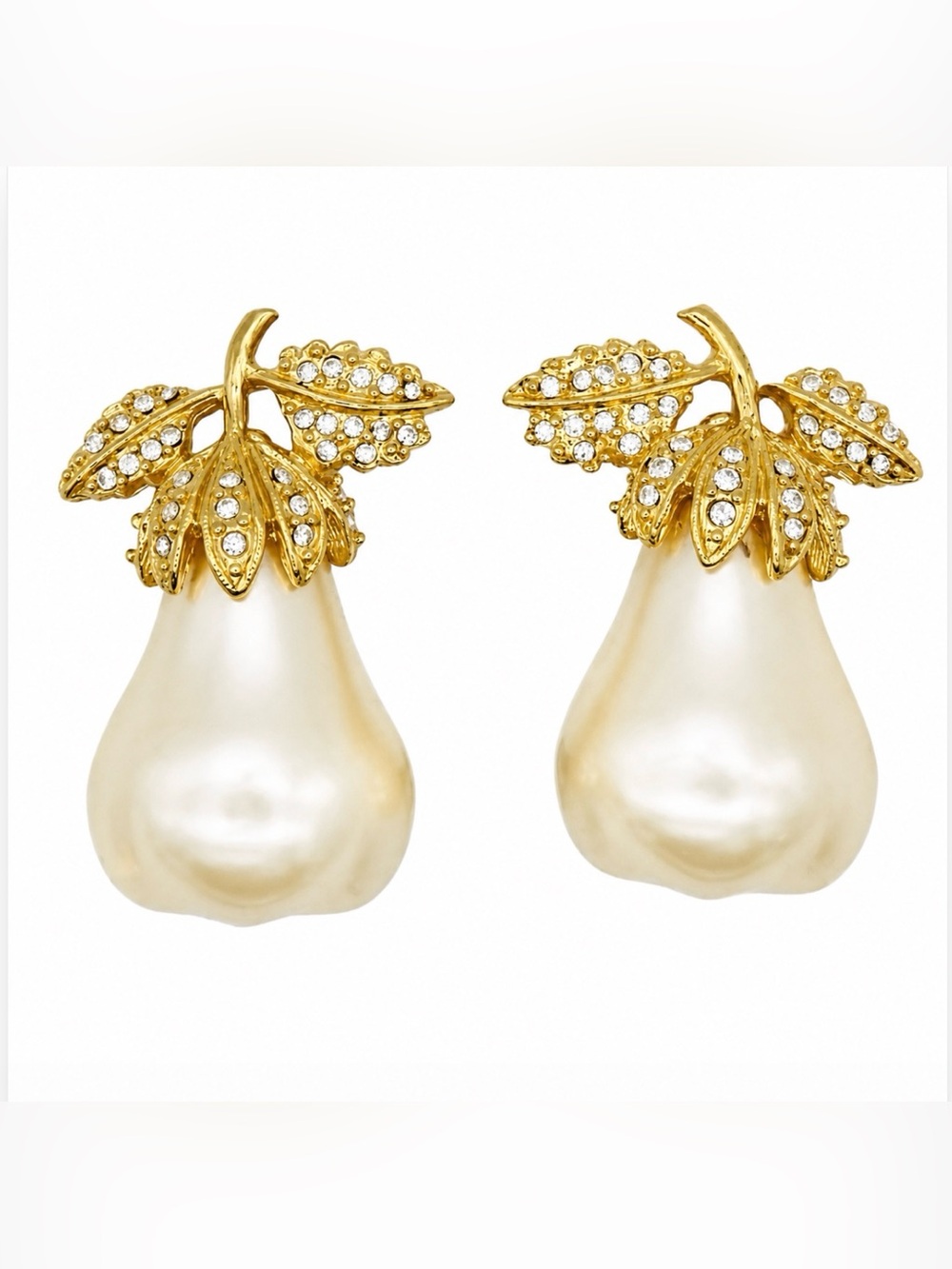 Kenneth Jay Lane KJL Large Pearl Pear Crystals Leaf Gold Clip Earrings & Brooch - Picture 4 of 11